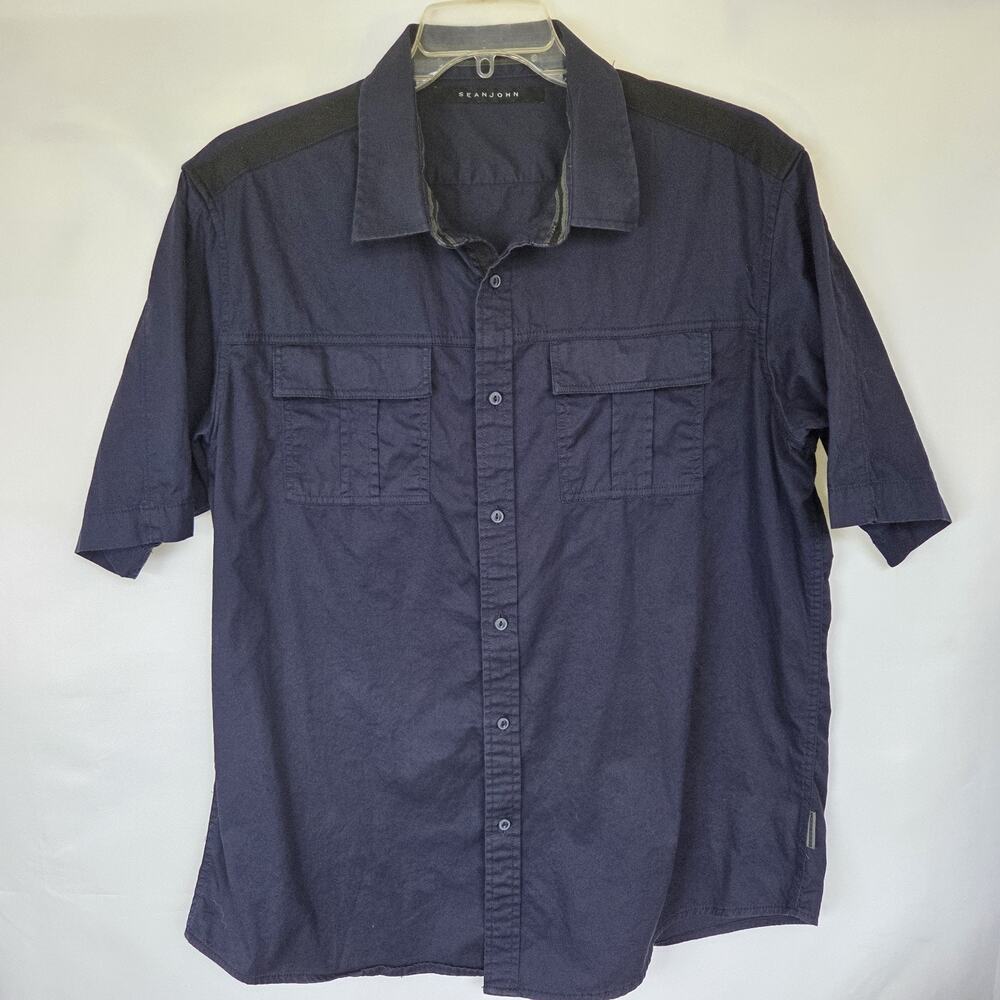 Sean John Men's 2XL Navy Blue Short Slv Button Front Utility Shirt 100% Cotton